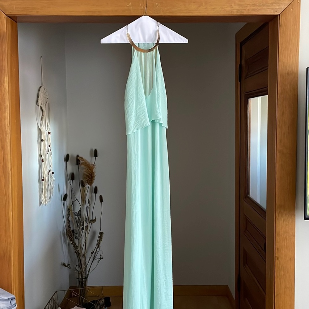 H&M long blue dress with metallic gold neck line
